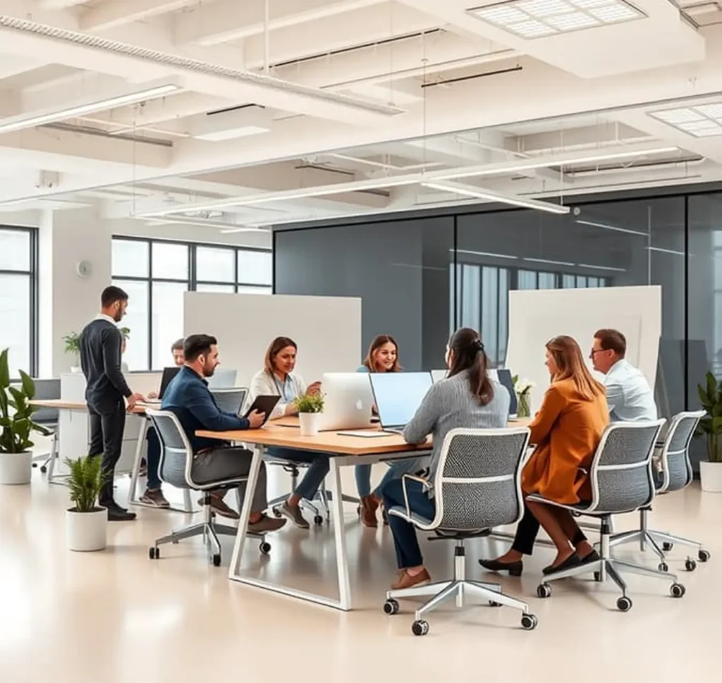 Administrative and office professionals collaborating in a modern office